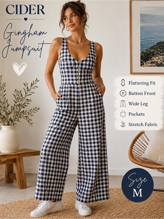 Cider Pants - Cider Navy Gingham Wide Leg Jumpsuit Button Front Pockets Size Medium